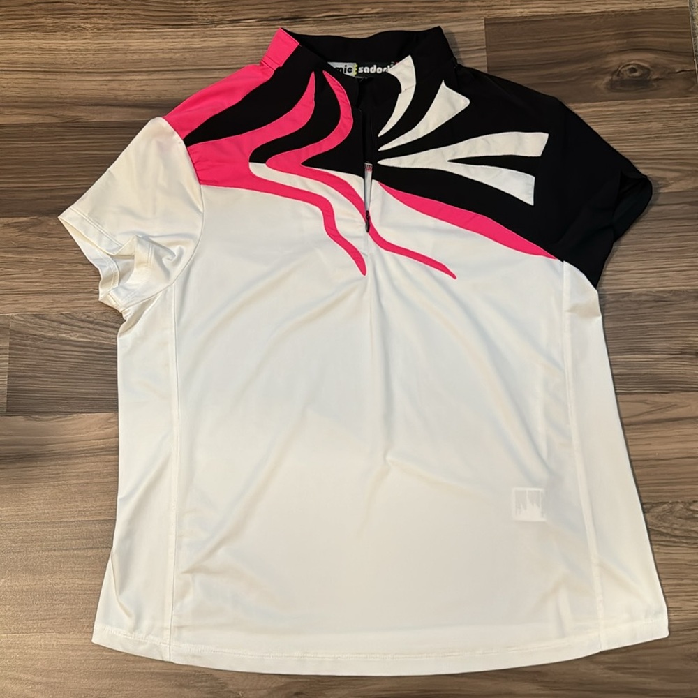 Jamie Sadock 1/4 Zip White Black Hot Pink Abstract Short Sleeve Golf Polo L